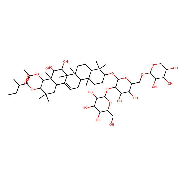 2D Structure of [4-Acetyloxy-10-[4,5-dihydroxy-3-[3,4,5-trihydroxy-6-(hydroxymethyl)oxan-2-yl]oxy-6-[(3,4,5-trihydroxyoxan-2-yl)oxymethyl]oxan-2-yl]oxy-5,6-dihydroxy-4a-(hydroxymethyl)-2,2,6a,6b,9,9,12a-heptamethyl-1,3,4,5,6,6a,7,8,8a,10,11,12,13,14b-tetradecahydropicen-3-yl] 2-methylbutanoate