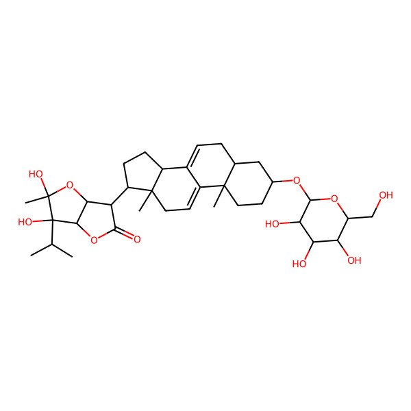 2D Structure of 3-[10,13-dimethyl-3-[3,4,5-trihydroxy-6-(hydroxymethyl)oxan-2-yl]oxy-2,3,4,5,6,12,14,15,16,17-decahydro-1H-cyclopenta[a]phenanthren-17-yl]-5,6-dihydroxy-5-methyl-6-propan-2-yl-3a,6a-dihydro-3H-furo[3,2-b]furan-2-one