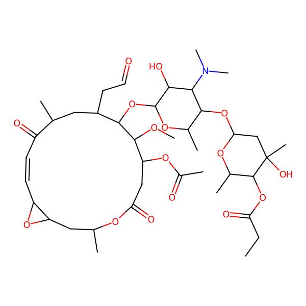 2D Structure of [(2S,3S,4R,6R)-6-[(2R,3S,4S,5S,6R)-6-[[(1S,3S,7S,8R,9R,10S,12R,14E,16S)-7-acetyloxy-8-methoxy-3,12-dimethyl-5,13-dioxo-10-(2-oxoethyl)-4,17-dioxabicyclo[14.1.0]heptadec-14-en-9-yl]oxy]-4-(dimethylamino)-5-hydroxy-2-methyloxan-3-yl]oxy-4-hydroxy-2,4-dimethyloxan-3-yl] propanoate