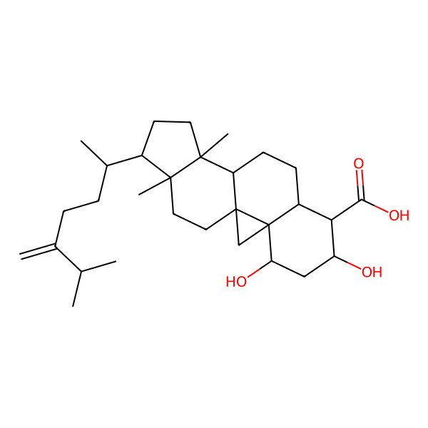 2D Structure of (1S,3S,4S,6S,7S,8S,11S,12S,15R,16R)-4,6-dihydroxy-12,16-dimethyl-15-[(2R)-6-methyl-5-methylideneheptan-2-yl]pentacyclo[9.7.0.01,3.03,8.012,16]octadecane-7-carboxylic acid