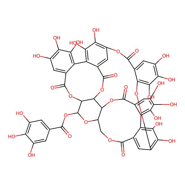 2D Structure of (15,16,17,20,21,33,34,35,38,39,42,43,44-Tridecahydroxy-4,12,25,30,47-pentaoxo-5,8,11,26,29,40,48-heptaoxanonacyclo[20.17.9.03,37.07,28.010,27.013,18.019,24.031,36.041,46]octatetraconta-1(39),2,13,15,17,19,21,23,31,33,35,37,41,43,45-pentadecaen-9-yl) 3,4,5-trihydroxybenzoate