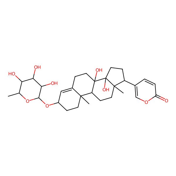 2D Structure of 5-[(3S,8S,9R,10R,13R,14R,17S)-8,14-dihydroxy-10,13-dimethyl-3-[(2R,3R,4R,5R,6S)-3,4,5-trihydroxy-6-methyloxan-2-yl]oxy-2,3,6,7,9,11,12,15,16,17-decahydro-1H-cyclopenta[a]phenanthren-17-yl]pyran-2-one