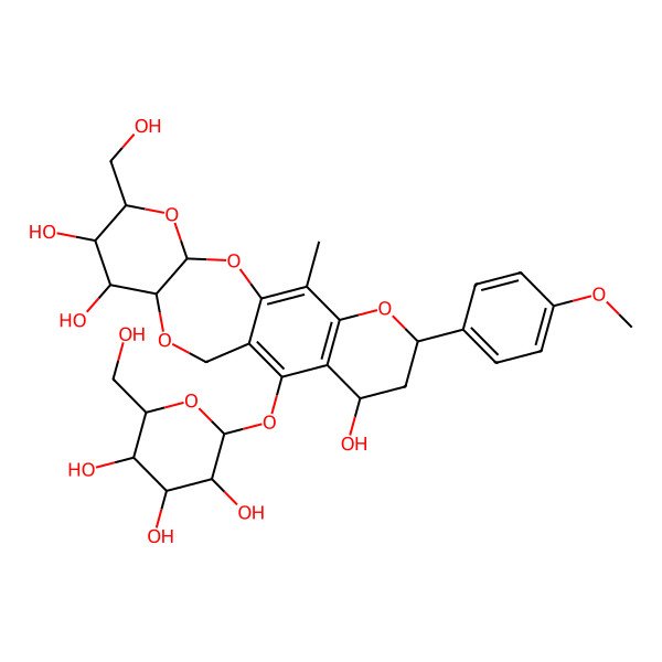 2D Structure of (3S,5R,6S,7S,8R,14S,16S)-5-(hydroxymethyl)-16-(4-methoxyphenyl)-19-methyl-12-[(2S,3R,4S,5S,6R)-3,4,5-trihydroxy-6-(hydroxymethyl)oxan-2-yl]oxy-2,4,9,17-tetraoxatetracyclo[9.8.0.03,8.013,18]nonadeca-1(19),11,13(18)-triene-6,7,14-triol