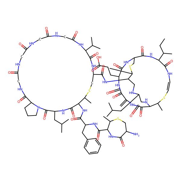 2D Structure of 3-[7-[[6-[[2-[(6-Amino-2-methyl-5-oxo-1,4-thiazepane-3-carbonyl)amino]-3-phenylpropanoyl]amino]-7-methyl-3-(2-methylpropyl)-2,5,12,15,18,21,24,27-octaoxo-13-propan-2-yl-8-thia-1,4,11,14,17,20,23,26-octazabicyclo[26.3.0]hentriacontane-10-carbonyl]amino]-14-butan-2-yl-8,20-dimethyl-23-methylidene-4-(2-methylpropyl)-3,6,12,15,21,24,27-heptaoxo-9,19-dithia-2,5,13,16,22,25,28-heptazabicyclo[9.9.8]octacos-17-en-26-yl]propanoic acid