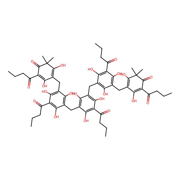 2D Structure of 2-Butanoyl-4-[[3-butanoyl-5-[[3-butanoyl-5-[[3-butanoyl-5-[(5-butanoyl-2,6-dihydroxy-3,3-dimethyl-4-oxocyclohexa-1,5-dien-1-yl)methyl]-2,4,6-trihydroxyphenyl]methyl]-2,4,6-trihydroxyphenyl]methyl]-2,4,6-trihydroxyphenyl]methyl]-3,5-dihydroxy-6,6-dimethylcyclohexa-2,4-dien-1-one