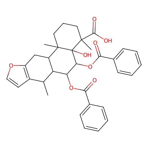 2D Structure of 5,6-dibenzoyloxy-4a-hydroxy-4,7,11b-trimethyl-2,3,5,6,6a,7,11,11a-octahydro-1H-naphtho[2,1-f][1]benzofuran-4-carboxylic acid