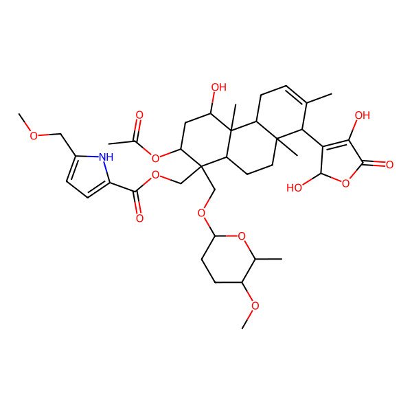 2D Structure of [2-acetyloxy-8-(2,4-dihydroxy-5-oxo-2H-furan-3-yl)-4-hydroxy-1-[(5-methoxy-6-methyloxan-2-yl)oxymethyl]-4a,7,8a-trimethyl-3,4,4b,5,8,9,10,10a-octahydro-2H-phenanthren-1-yl]methyl 5-(methoxymethyl)-1H-pyrrole-2-carboxylate