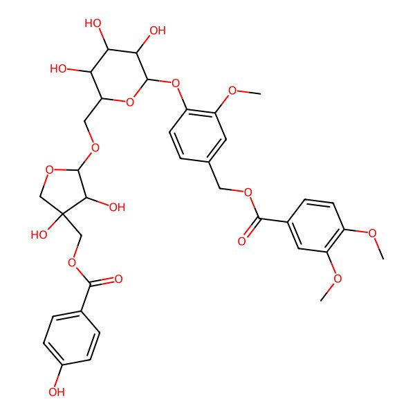 2D Structure of [4-[(2S,3R,4S,5S,6R)-6-[[(2R,3R,4S)-3,4-dihydroxy-4-[(4-hydroxybenzoyl)oxymethyl]oxolan-2-yl]oxymethyl]-3,4,5-trihydroxyoxan-2-yl]oxy-3-methoxyphenyl]methyl 3,4-dimethoxybenzoate