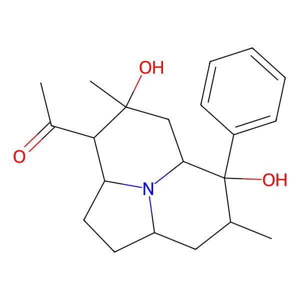 2D Structure of 1-[(1S,4S,5S,6R,8S,9S,10R)-6,9-dihydroxy-6,10-dimethyl-9-phenyl-12-azatricyclo[6.3.1.04,12]dodecan-5-yl]ethanone
