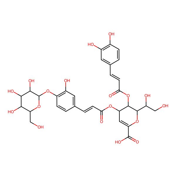 2D Structure of 2-(1,2-dihydroxyethyl)-3-[3-(3,4-dihydroxyphenyl)prop-2-enoyloxy]-4-[3-[3-hydroxy-4-[3,4,5-trihydroxy-6-(hydroxymethyl)oxan-2-yl]oxyphenyl]prop-2-enoyloxy]-3,4-dihydro-2H-pyran-6-carboxylic acid