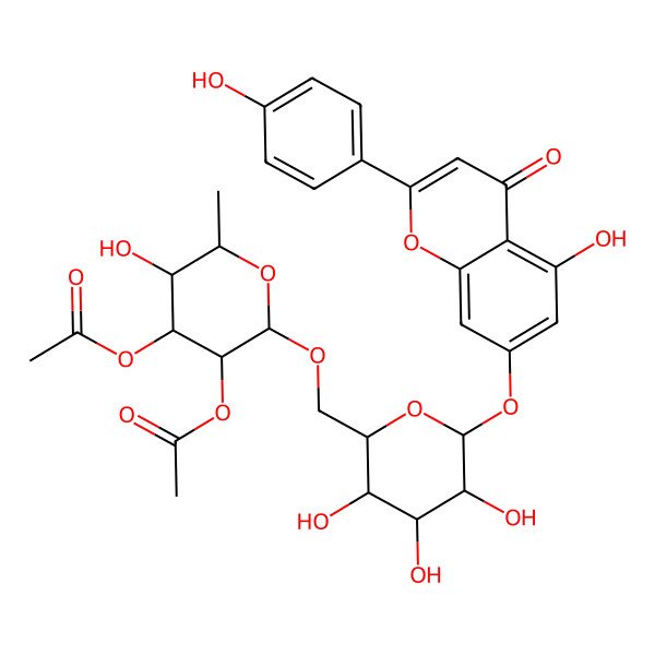 2D Structure of [(2S,3S,4S,5R,6R)-5-acetyloxy-3-hydroxy-2-methyl-6-[[(2S,3S,4S,5S,6S)-3,4,5-trihydroxy-6-[5-hydroxy-2-(4-hydroxyphenyl)-4-oxochromen-7-yl]oxyoxan-2-yl]methoxy]oxan-4-yl] acetate