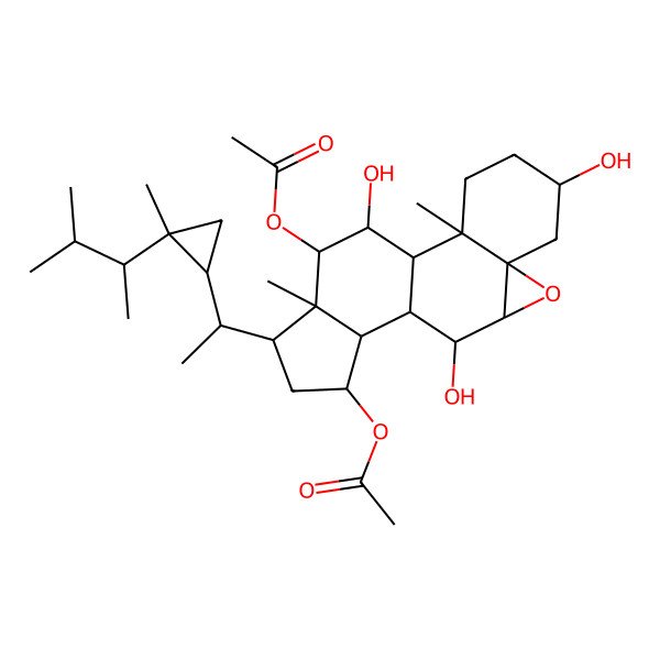 2D Structure of [(1S,2R,5S,7S,9R,10S,11R,12S,13S,15R,16R,17S,18S)-17-acetyloxy-5,10,18-trihydroxy-2,16-dimethyl-15-[(1R)-1-[(1R,2R)-2-methyl-2-[(2R)-3-methylbutan-2-yl]cyclopropyl]ethyl]-8-oxapentacyclo[9.7.0.02,7.07,9.012,16]octadecan-13-yl] acetate