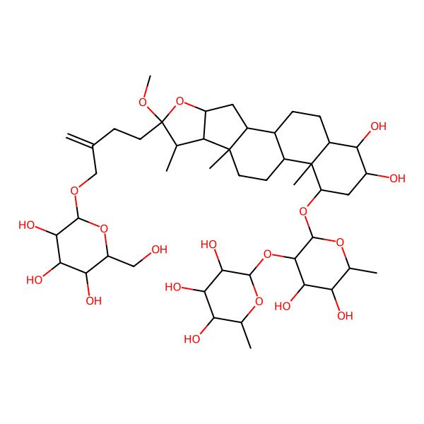 2D Structure of (2S,3R,4R,5R,6S)-2-[(2R,3R,4S,5R,6R)-2-[[(1S,2S,4S,6R,7S,8R,9S,12S,13R,14R,16R,17S,18R)-16,17-dihydroxy-6-methoxy-7,9,13-trimethyl-6-[3-[[(2R,3R,4S,5S,6R)-3,4,5-trihydroxy-6-(hydroxymethyl)oxan-2-yl]oxymethyl]but-3-enyl]-5-oxapentacyclo[10.8.0.02,9.04,8.013,18]icosan-14-yl]oxy]-4,5-dihydroxy-6-methyloxan-3-yl]oxy-6-methyloxane-3,4,5-triol