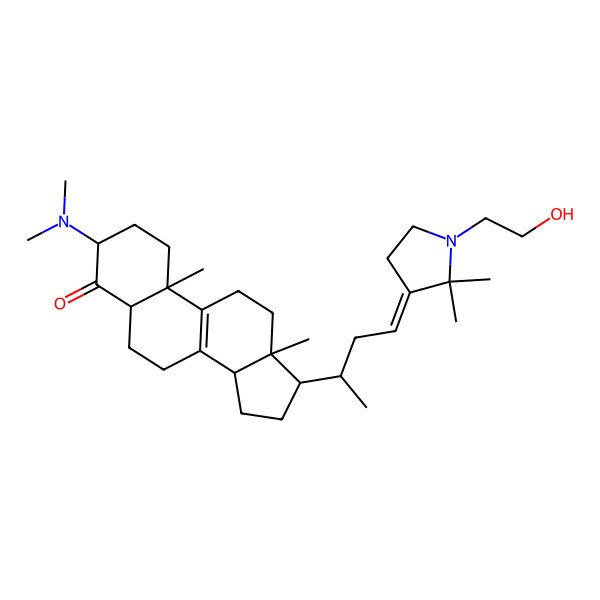 2D Structure of 3-(Dimethylamino)-17-[4-[1-(2-hydroxyethyl)-2,2-dimethylpyrrolidin-3-ylidene]butan-2-yl]-10,13-dimethyl-1,2,3,5,6,7,11,12,14,15,16,17-dodecahydrocyclopenta[a]phenanthren-4-one