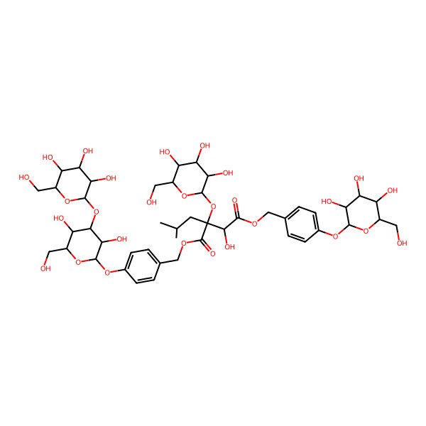 2D Structure of 1-O-[[4-[3,5-dihydroxy-6-(hydroxymethyl)-4-[3,4,5-trihydroxy-6-(hydroxymethyl)oxan-2-yl]oxyoxan-2-yl]oxyphenyl]methyl] 4-O-[[4-[3,4,5-trihydroxy-6-(hydroxymethyl)oxan-2-yl]oxyphenyl]methyl] 3-hydroxy-2-(2-methylpropyl)-2-[3,4,5-trihydroxy-6-(hydroxymethyl)oxan-2-yl]oxybutanedioate