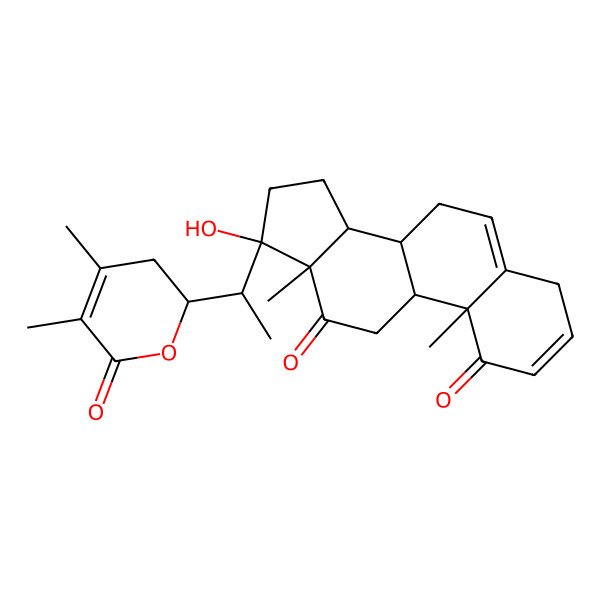 2D Structure of (8R,9S,10R,13S,14S,17R)-17-[(1R)-1-[(2R)-4,5-dimethyl-6-oxo-2,3-dihydropyran-2-yl]ethyl]-17-hydroxy-10,13-dimethyl-4,7,8,9,11,14,15,16-octahydrocyclopenta[a]phenanthrene-1,12-dione