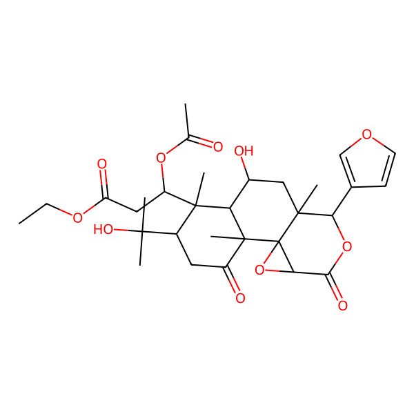 2D Structure of ethyl (3S)-3-acetyloxy-3-[(1R,2R,5R,6R,7R,8S,10S,11S,14S)-11-(furan-3-yl)-8-hydroxy-5-(2-hydroxypropan-2-yl)-2,6,10-trimethyl-3,13-dioxo-12,15-dioxatetracyclo[8.5.0.01,14.02,7]pentadecan-6-yl]propanoate