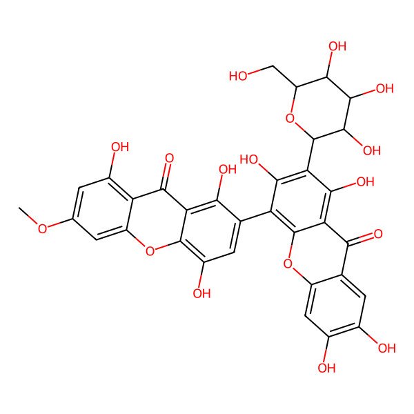 2D Structure of 1,3,6,7-Tetrahydroxy-2-[3,4,5-trihydroxy-6-(hydroxymethyl)oxan-2-yl]-4-(1,4,8-trihydroxy-6-methoxy-9-oxoxanthen-2-yl)xanthen-9-one