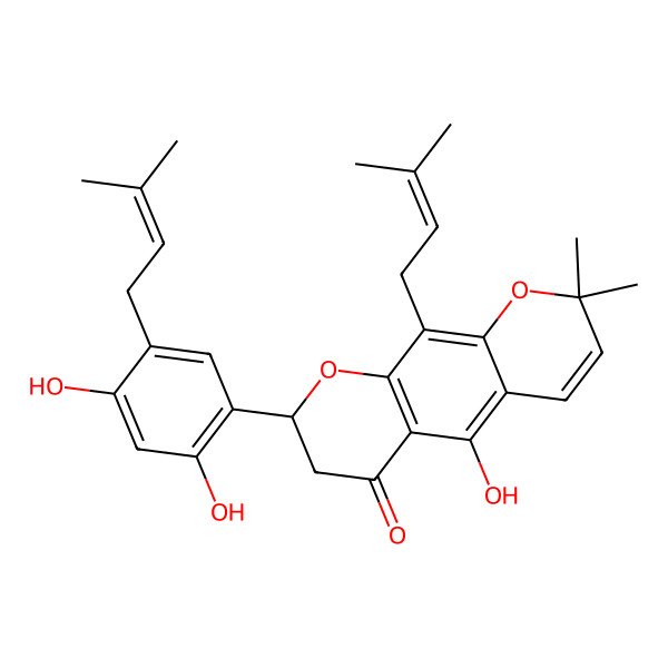 2D Structure of (8R)-8-[2,4-dihydroxy-5-(3-methylbut-2-enyl)phenyl]-5-hydroxy-2,2-dimethyl-10-(3-methylbut-2-enyl)-7,8-dihydropyrano[3,2-g]chromen-6-one