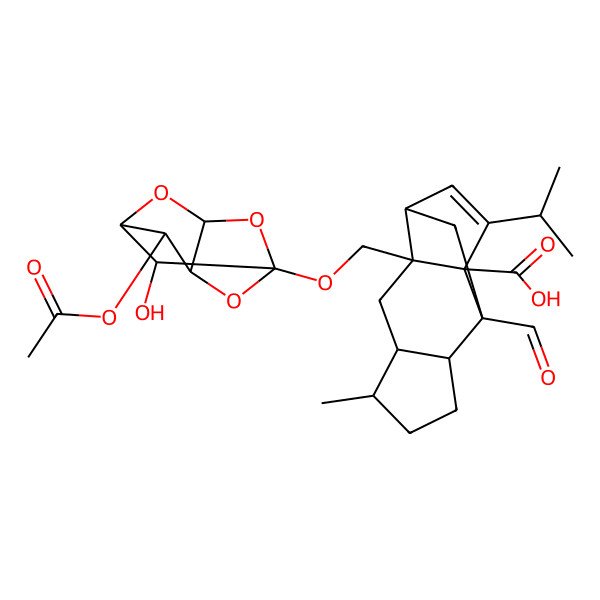 2D Structure of (1S,2R,4S,5R,8R,9R,11S)-2-[[(1S,3R,5S,7R,8S,9S)-8-acetyloxy-9-hydroxy-2,4,6-trioxatricyclo[3.3.1.03,7]nonan-5-yl]oxymethyl]-9-formyl-5-methyl-13-propan-2-yltetracyclo[7.4.0.02,11.04,8]tridec-12-ene-1-carboxylic acid
