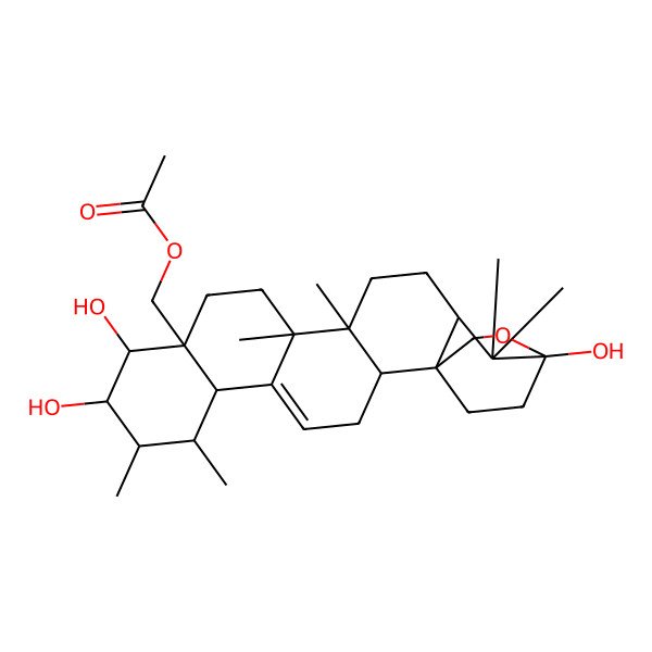 2D Structure of [(1S,2S,6S,7R,8S,9R,10S,11R,14S,15R,18R,20S)-9,10,20-trihydroxy-7,8,14,15,19,19-hexamethyl-21-oxahexacyclo[18.2.2.01,18.02,15.05,14.06,11]tetracos-4-en-11-yl]methyl acetate