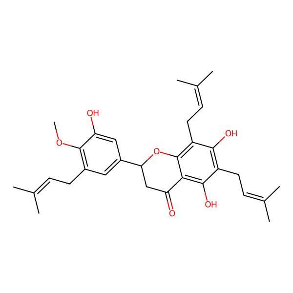 2D Structure of 5,7-Dihydroxy-2-[3-hydroxy-4-methoxy-5-(3-methylbut-2-enyl)phenyl]-6,8-bis(3-methylbut-2-enyl)-2,3-dihydrochromen-4-one