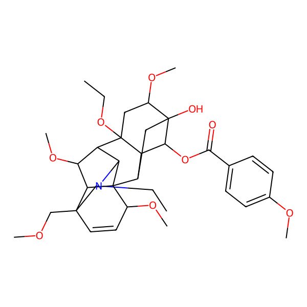 2D Structure of [(1S,2R,3R,4R,5S,6S,8S,9R,10R,16S,17R,18S)-8-ethoxy-11-ethyl-5-hydroxy-6,16,18-trimethoxy-13-(methoxymethyl)-11-azahexacyclo[7.7.2.12,5.01,10.03,8.013,17]nonadec-14-en-4-yl] 4-methoxybenzoate