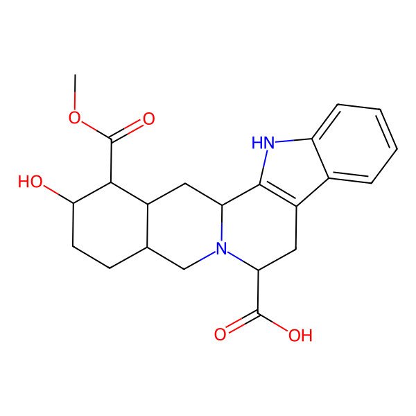 2D Structure of 18-Hydroxy-19-methoxycarbonyl-1,3,11,12,14,15,16,17,18,19,20,21-dodecahydroyohimban-12-carboxylic acid