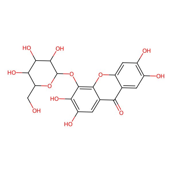 2D Structure of 2,3,6,7-tetrahydroxy-4-[(2S,3R,4S,5S,6R)-3,4,5-trihydroxy-6-(hydroxymethyl)oxan-2-yl]oxyxanthen-9-one
