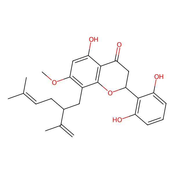 2D Structure of (2R)-2-(2,6-dihydroxyphenyl)-5-hydroxy-7-methoxy-8-[(2R)-5-methyl-2-prop-1-en-2-ylhex-4-enyl]-2,3-dihydrochromen-4-one