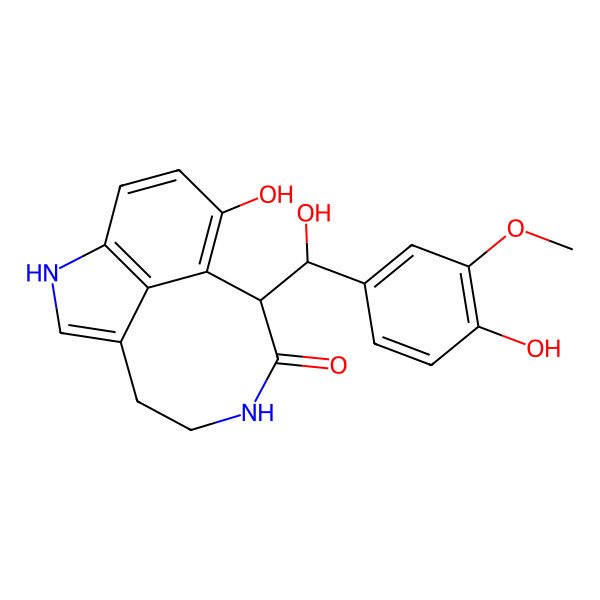 2D Structure of 7-Hydroxy-9-[hydroxy-(4-hydroxy-3-methoxyphenyl)methyl]-3,11-diazatricyclo[6.5.1.04,14]tetradeca-1,4(14),5,7-tetraen-10-one