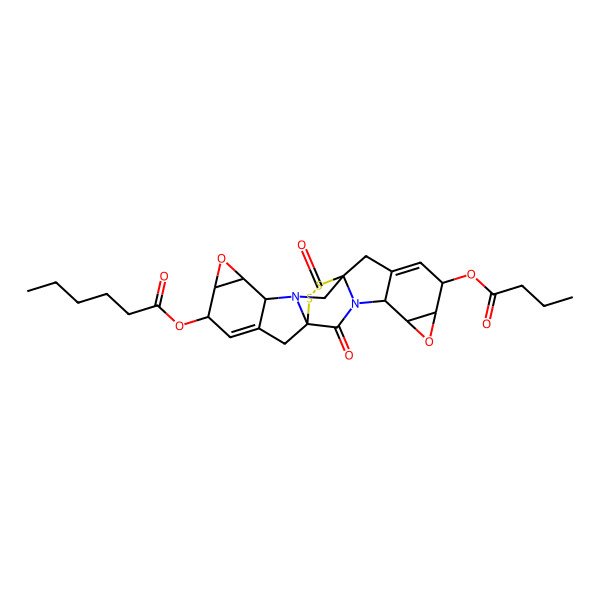 2D Structure of [(1R,4S,5R,7S,8S,12R,15S,16R,18S,19S)-19-butanoyloxy-2,13-dioxo-6,17-dioxa-23,24-dithia-3,14-diazaoctacyclo[10.10.2.01,14.03,12.04,10.05,7.015,21.016,18]tetracosa-9,20-dien-8-yl] hexanoate