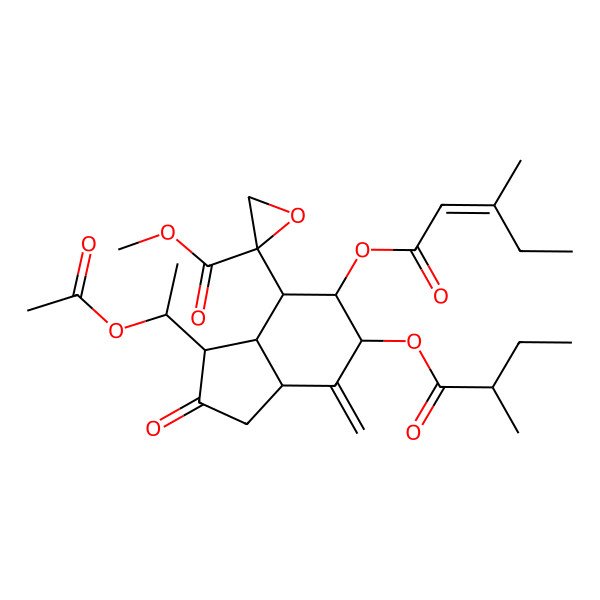 2D Structure of methyl (2S)-2-[(3R,3aR,4R,5R,6S,7aS)-3-[(1S)-1-acetyloxyethyl]-6-[(2R)-2-methylbutanoyl]oxy-7-methylidene-5-[(E)-3-methylpent-2-enoyl]oxy-2-oxo-3,3a,4,5,6,7a-hexahydro-1H-inden-4-yl]oxirane-2-carboxylate