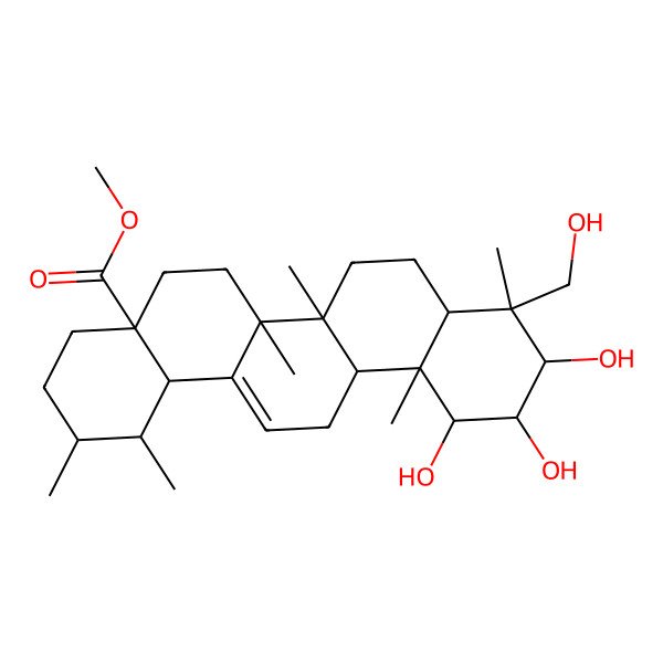 2D Structure of methyl (1S,2R,4aS,6aS,6aS,6bR,8aR,9R,10R,11R,12S,12aR,14bS)-10,11,12-trihydroxy-9-(hydroxymethyl)-1,2,6a,6b,9,12a-hexamethyl-2,3,4,5,6,6a,7,8,8a,10,11,12,13,14b-tetradecahydro-1H-picene-4a-carboxylate
