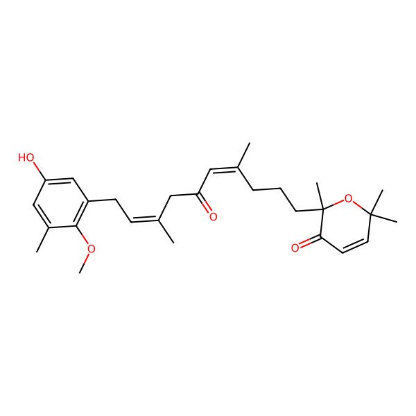 2D Structure of (2S)-2-[(4E,8E)-10-(5-hydroxy-2-methoxy-3-methylphenyl)-4,8-dimethyl-6-oxodeca-4,8-dienyl]-2,6,6-trimethylpyran-3-one