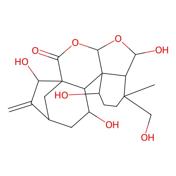 2D Structure of 6,11,14,18-Tetrahydroxy-8-(hydroxymethyl)-8-methyl-17-methylidene-3,5-dioxapentacyclo[14.2.1.01,13.04,12.07,12]nonadecan-2-one