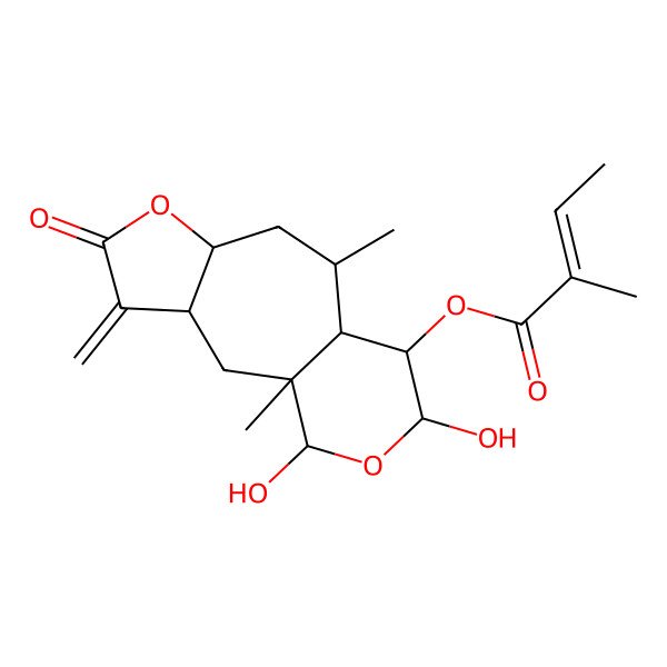 2D Structure of (12,14-Dihydroxy-1,9-dimethyl-4-methylidene-5-oxo-6,13-dioxatricyclo[8.4.0.03,7]tetradecan-11-yl) 2-methylbut-2-enoate