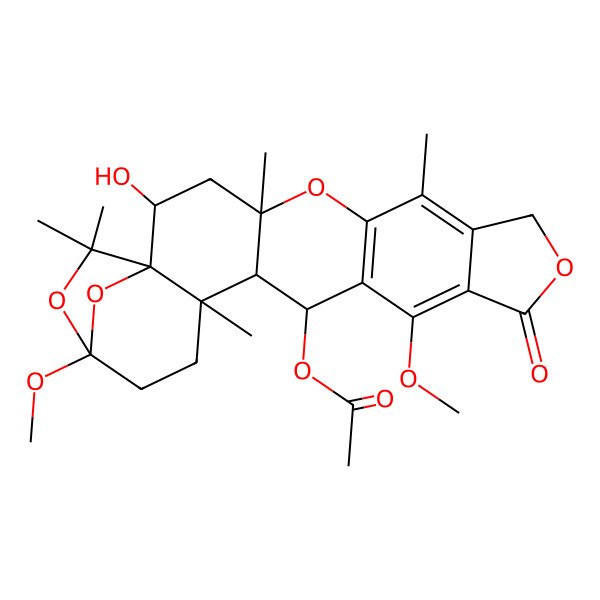 2D Structure of (2-Hydroxy-13,20-dimethoxy-4,7,17,22,22-pentamethyl-11-oxo-5,10,21,23-tetraoxahexacyclo[18.2.1.01,17.04,16.06,14.08,12]tricosa-6(14),7,12-trien-15-yl) acetate