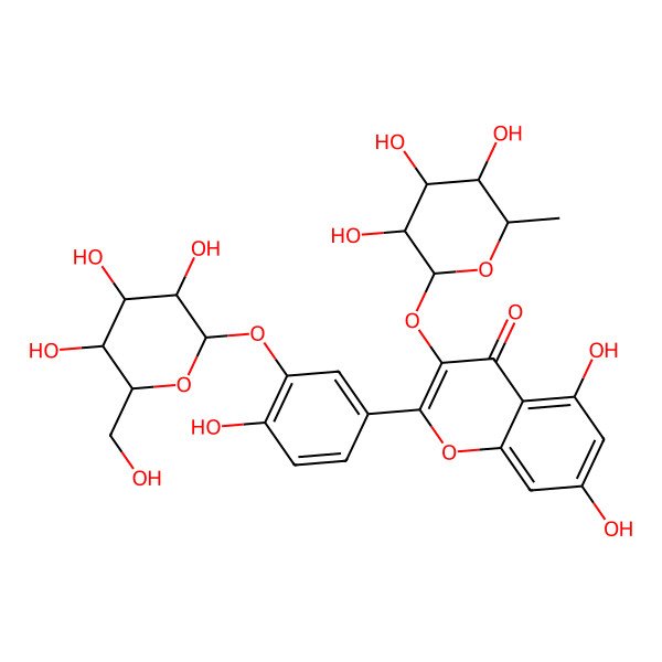 2D Structure of 5,7-dihydroxy-2-[4-hydroxy-3-[(2S,3R,4S,5S,6S)-3,4,5-trihydroxy-6-(hydroxymethyl)oxan-2-yl]oxyphenyl]-3-[(2S,3S,4R,5R,6S)-3,4,5-trihydroxy-6-methyloxan-2-yl]oxychromen-4-one