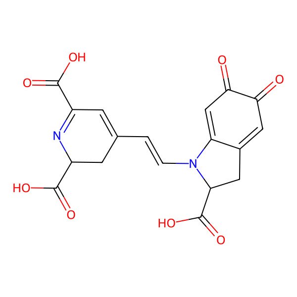 2D Structure of (2S)-4-[(E)-2-[(2S)-2-carboxy-5,6-dioxo-2,3-dihydroindol-1-yl]ethenyl]-2,3-dihydropyridine-2,6-dicarboxylic acid