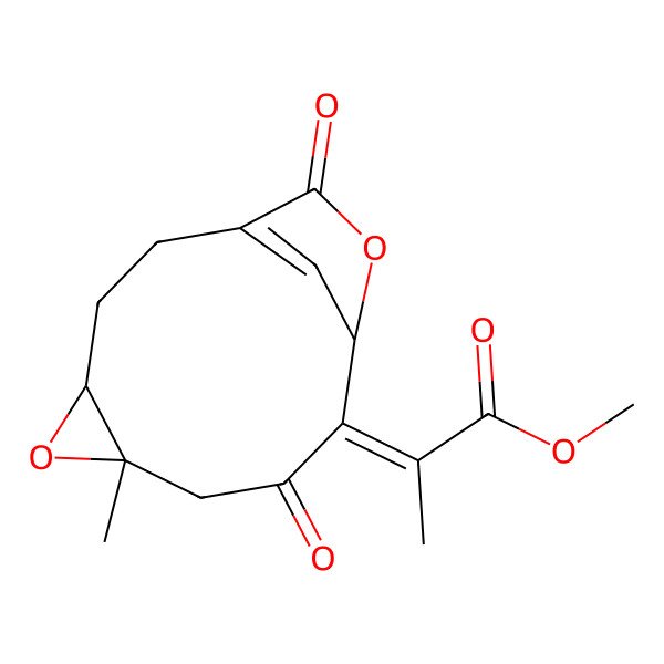 2D Structure of methyl (2Z)-2-[(4R,6S,10S)-6-methyl-8,12-dioxo-5,11-dioxatricyclo[8.2.1.04,6]tridec-1(13)-en-9-ylidene]propanoate