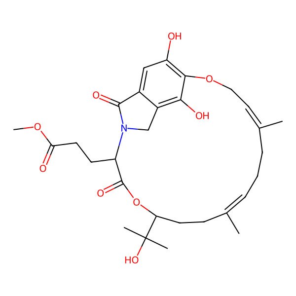 2D Structure of Methyl 3-[19,22-dihydroxy-7-(2-hydroxypropan-2-yl)-10,14-dimethyl-5,23-dioxo-6,17-dioxa-3-azatricyclo[16.3.1.13,21]tricosa-1(22),10,14,18,20-pentaen-4-yl]propanoate