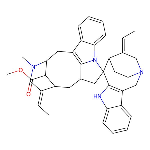 2D Structure of methyl (11'R,12S,13S,13'R,14Z,14'Z,17'R,20'S)-14,14'-di(ethylidene)-16'-methylspiro[1,10-diazatetracyclo[11.2.2.03,11.04,9]heptadeca-3(11),4,6,8-tetraene-12,9'-8,16-diazapentacyclo[9.7.1.113,17.02,7.08,19]icosa-1(19),2,4,6-tetraene]-20'-carboxylate
