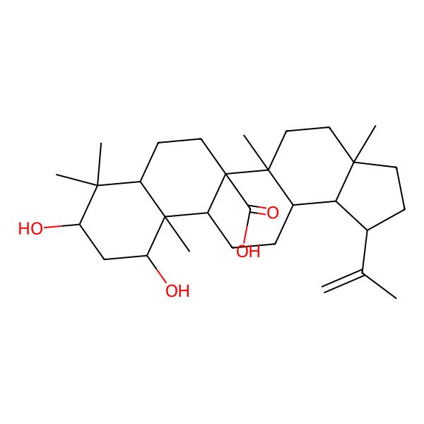 2D Structure of (1R,3aR,5aR,5bS,7aS,9S,11R,11aS,11bR,13aR,13bS)-9,11-dihydroxy-3a,5a,8,8,11a-pentamethyl-1-prop-1-en-2-yl-1,2,3,4,5,6,7,7a,9,10,11,11b,12,13,13a,13b-hexadecahydrocyclopenta[a]chrysene-5b-carboxylic acid