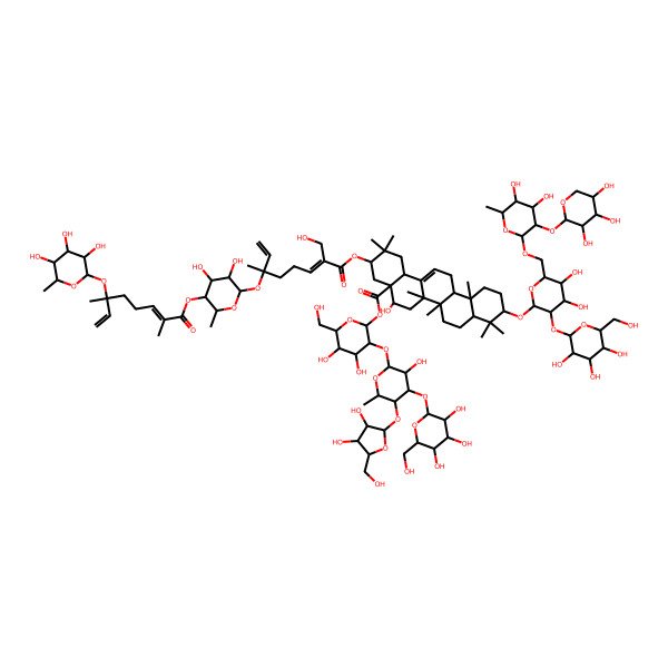 2D Structure of [(2S,3R,4S,5S,6R)-3-[(2S,3R,4S,5S,6S)-5-[(2S,3R,4R,5S)-3,4-dihydroxy-5-(hydroxymethyl)oxolan-2-yl]oxy-3-hydroxy-6-methyl-4-[(2S,3R,4S,5S,6R)-3,4,5-trihydroxy-6-(hydroxymethyl)oxan-2-yl]oxyoxan-2-yl]oxy-4,5-dihydroxy-6-(hydroxymethyl)oxan-2-yl] (3S,4aR,5R,6aR,6aS,6bR,8aR,10S,12aR,14bS)-10-[(2R,3R,4S,5S,6R)-6-[[(2R,3R,4S,5R,6R)-4,5-dihydroxy-6-methyl-3-[(2S,3R,4S,5S)-3,4,5-trihydroxyoxan-2-yl]oxyoxan-2-yl]oxymethyl]-4,5-dihydroxy-3-[(2S,3R,4S,5S,6R)-3,4,5-trihydroxy-6-(hydroxymethyl)oxan-2-yl]oxyoxan-2-yl]oxy-3-[(2E,6S)-6-[(2S,3R,4R,5S,6R)-5-[(2E,6S)-2,6-dimethyl-6-[(2S,3R,4S,5S,6R)-3,4,5-trihydroxy-6-methyloxan-2-yl]oxyocta-2,7-dienoyl]oxy-3,4-dihydroxy-6-methyloxan-2-yl]oxy-2-(hydroxymethyl)-6-methylocta-2,7-dienoyl]oxy-5-hydroxy-2,2,6a,6b,9,9,12a-heptamethyl-1,3,4,5,6,6a,7,8,8a,10,11,12,13,14b-tetradecahydropicene-4a-carboxylate