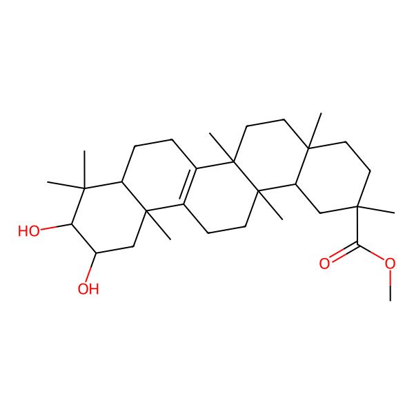 2D Structure of methyl (2R,4aS,6aS,8aR,10R,11S,12aS,14aS,14bR)-10,11-dihydroxy-2,4a,6a,9,9,12a,14a-heptamethyl-1,3,4,5,6,7,8,8a,10,11,12,13,14,14b-tetradecahydropicene-2-carboxylate 2D Structure of methyl (2R,4aS,6aS,8aR,10R,11S,12aS,14aS,14bR)-10,11-dihydroxy-2,4a,6a,9,9,12a,14a-heptamethyl-1,3,4,5,6,7,8,8a,10,11,12,13,14,14b-tetradecahydropicene-2-carboxylate