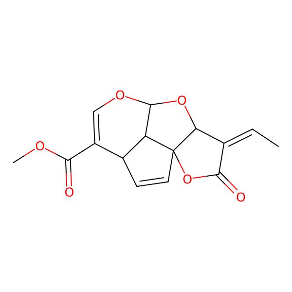 2D Structure of methyl (1R,4R,8S,10S,11E,14S)-11-ethylidene-12-oxo-7,9,13-trioxatetracyclo[6.5.1.01,10.04,14]tetradeca-2,5-diene-5-carboxylate