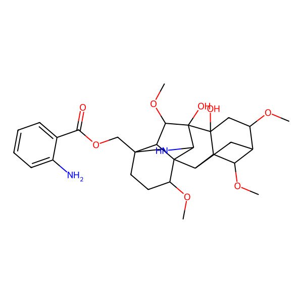 2D Structure of (8,9-Dihydroxy-4,6,16,18-tetramethoxy-11-azahexacyclo[7.7.2.12,5.01,10.03,8.013,17]nonadecan-13-yl)methyl 2-aminobenzoate