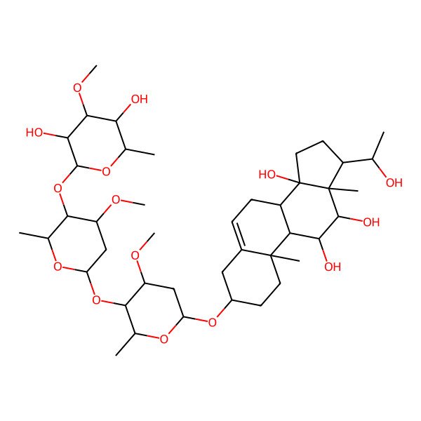2D Structure of (3R,8S,9S,10R,11S,12S,13S,14R,17R)-3-[(2R,4S,5R,6R)-5-[(2S,4S,5R,6R)-5-[(2S,3R,4R,5R,6R)-3,5-dihydroxy-4-methoxy-6-methyloxan-2-yl]oxy-4-methoxy-6-methyloxan-2-yl]oxy-4-methoxy-6-methyloxan-2-yl]oxy-17-[(1R)-1-hydroxyethyl]-10,13-dimethyl-1,2,3,4,7,8,9,11,12,15,16,17-dodecahydrocyclopenta[a]phenanthrene-11,12,14-triol