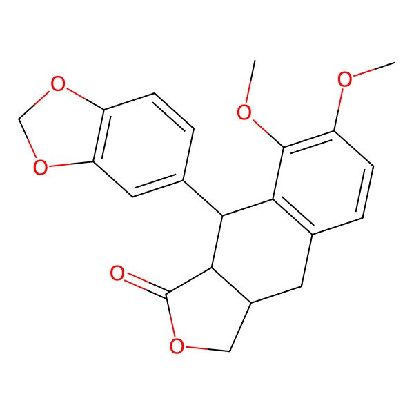 2D Structure of Naphtho(2,3-c)furan-1(3H)-one, 9-(1,3-benzodioxol-5-yl)-3a,4,9,9a-tetrahydro-7,8-dimethoxy-, (3aR,9R,9aR)-